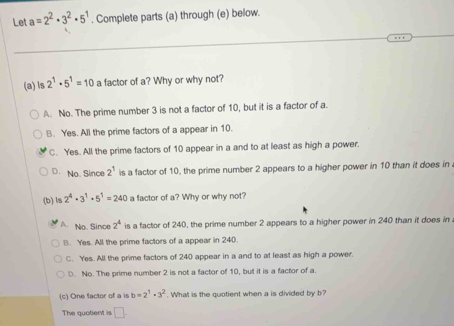 let \\(a = 2^2 \\cdot 3^2 \\cdot 5^1\\). complete parts (a) through (e)…