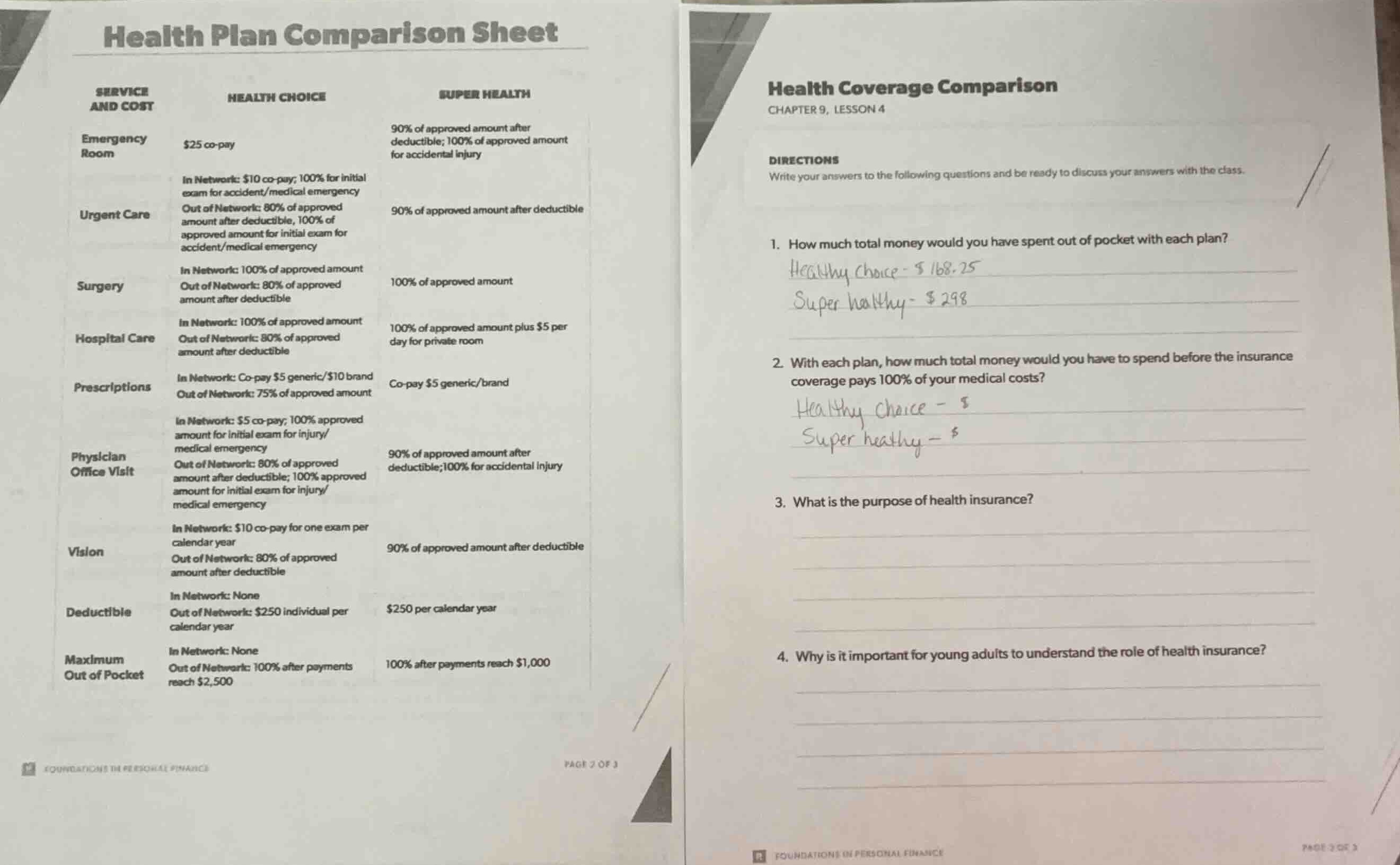 health coverage comparison chapter 9, lesson 4 directions write your an…