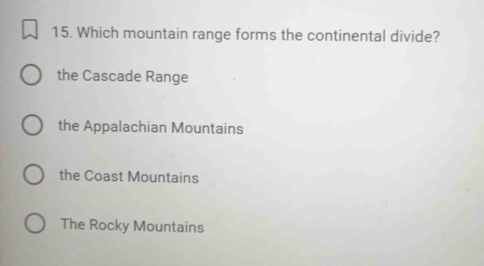 15. which mountain range forms the continental divide? the cascade rang…