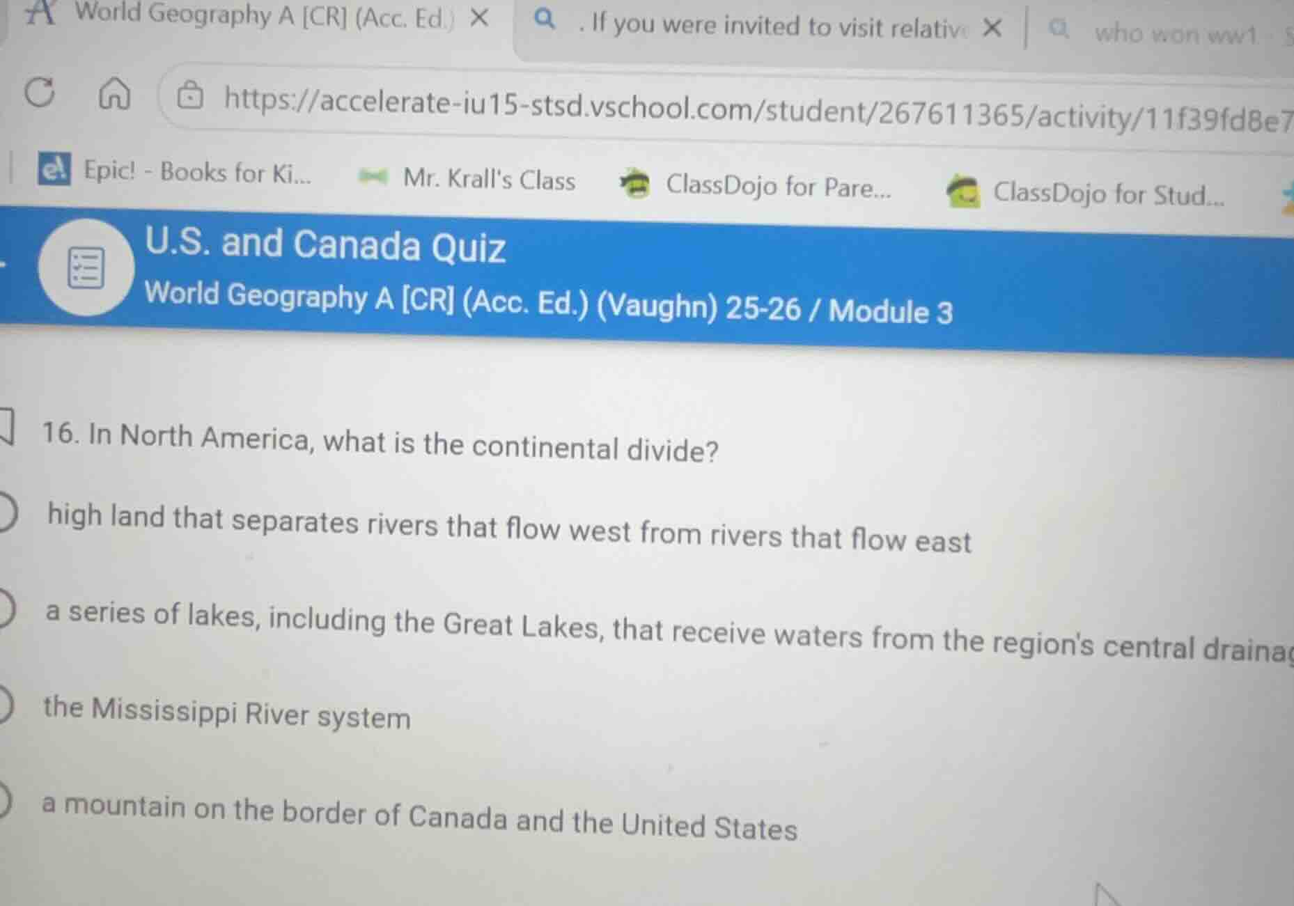 16. in north america, what is the continental divide? high land that se…