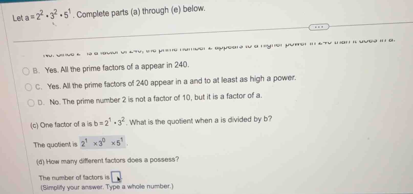 let \\(a = 2^2 \\cdot 3^2 \\cdot 5^1\\). complete parts (a) through (e)…