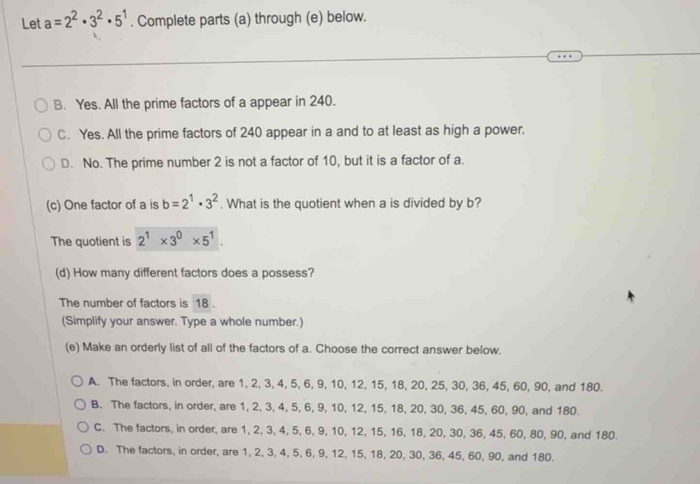 let \\(a = 2^2 \\cdot 3^2 \\cdot 5^1\\). complete parts (a) through (e)…