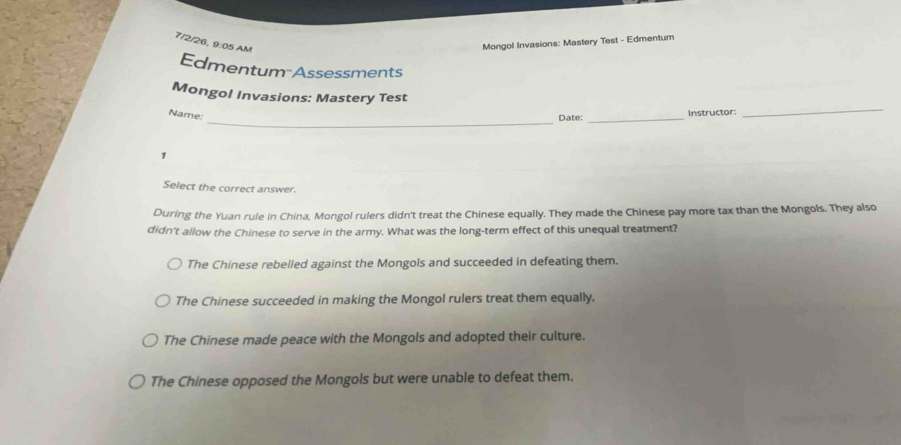 select the correct answer. during the yuan rule in china, mongol rulers…