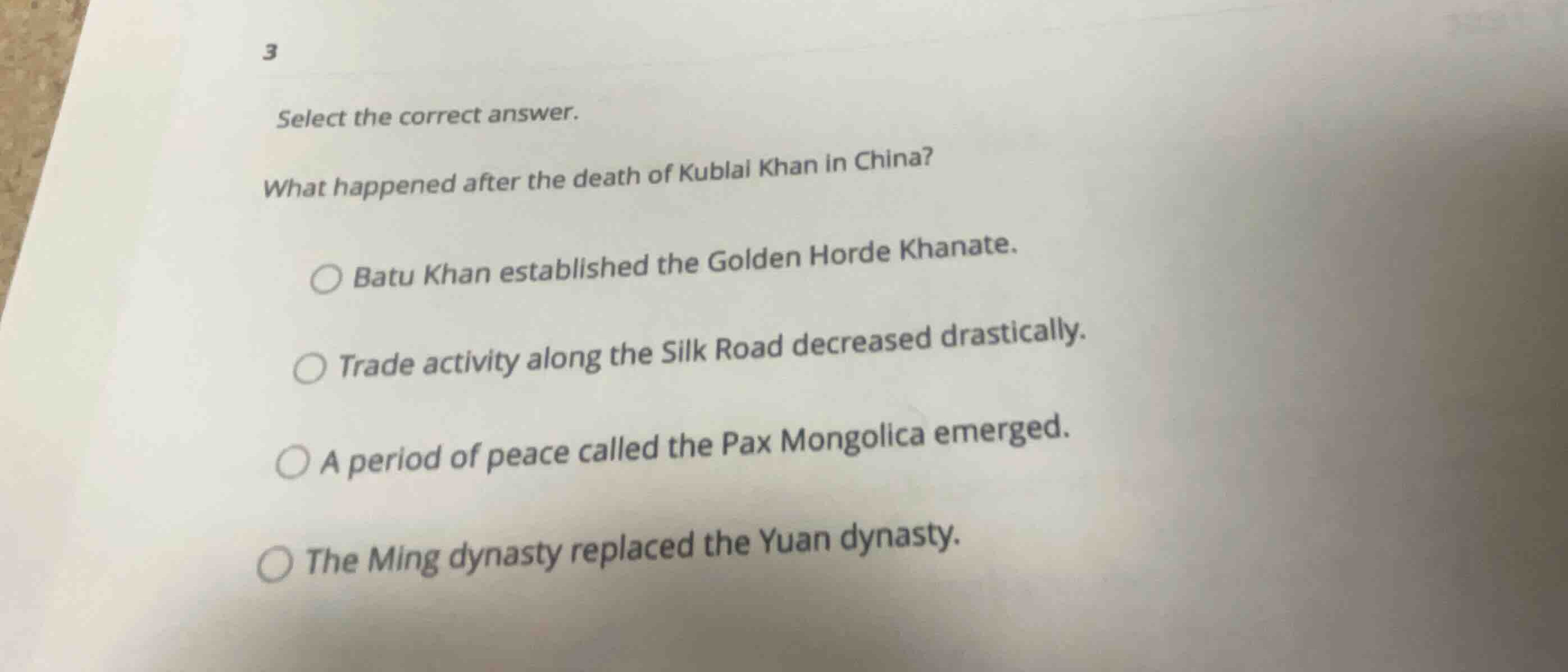 select the correct answer. what happened after the death of kublai khan…