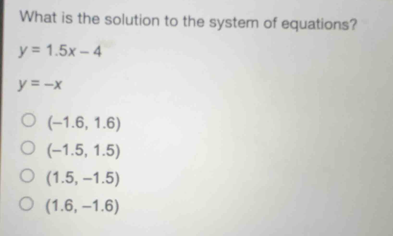 what is the solution to the system of equations? \\(y = 1.5x - 4\\) \\(…
