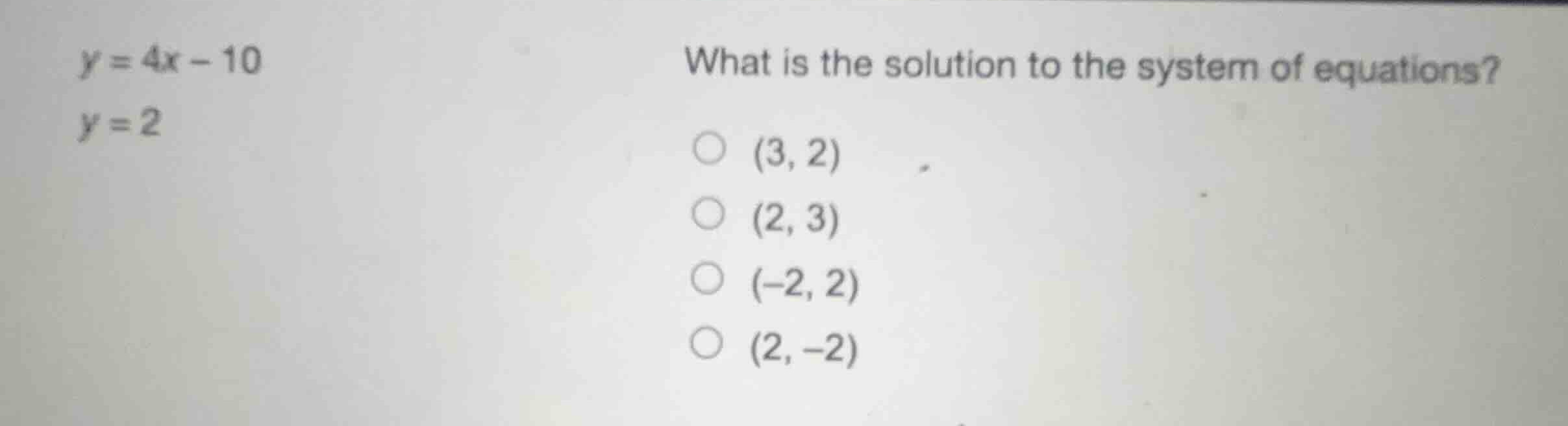 \\\\begin{aligned} y &= 4x - 10 \\\\ y &= 2 \\end{aligned}\\ what is th…