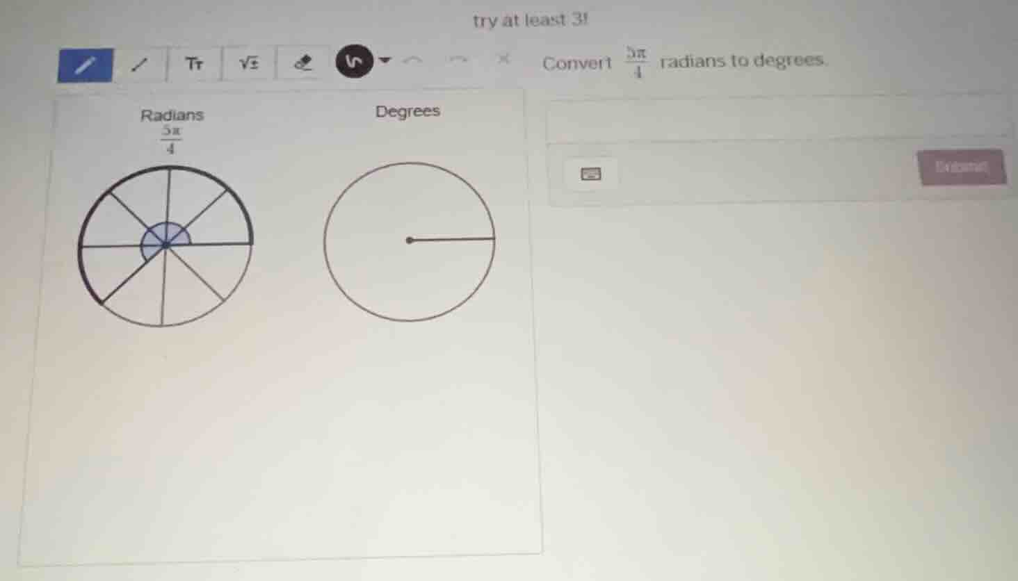 convert \\(\\frac{5\\pi}{4}\\) radians to degrees.