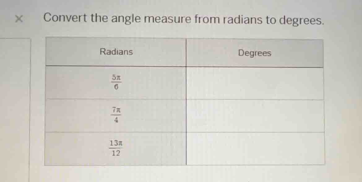 convert the angle measure from radians to degrees. \\begin{tabular}{|c|…