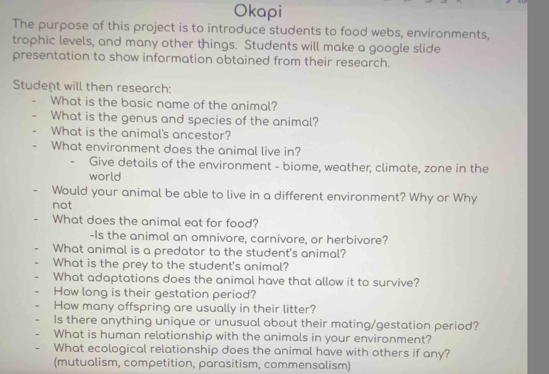okapi the purpose of this project is to introduce students to food webs…
