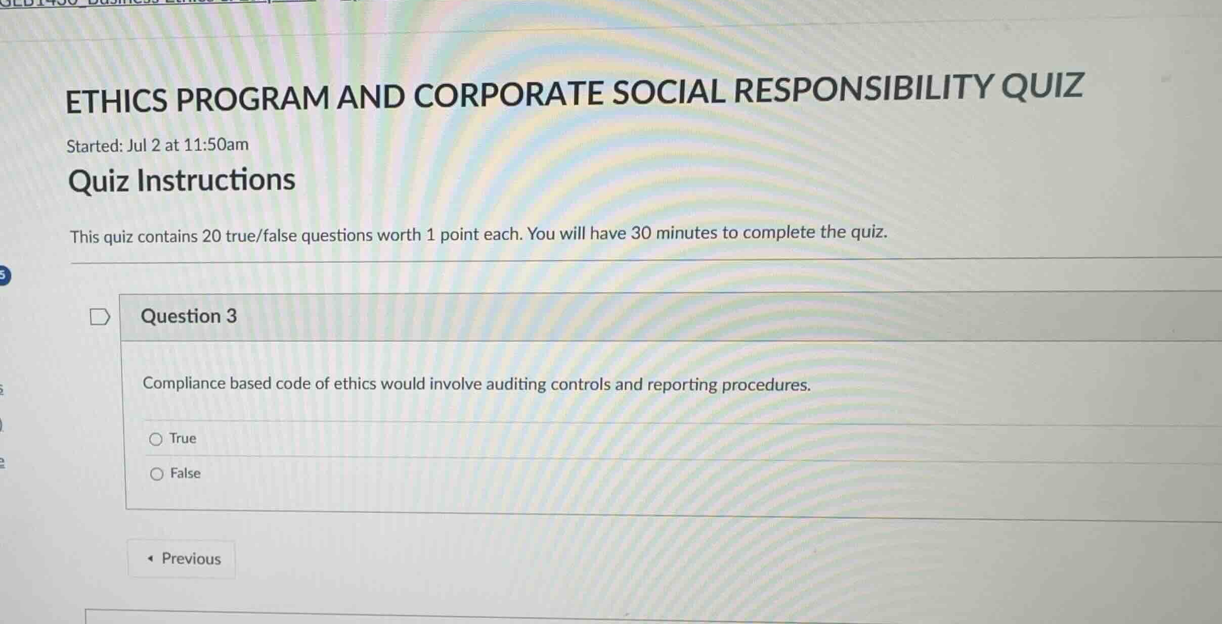 ethics program and corporate social responsibility quiz started: jul 2 …