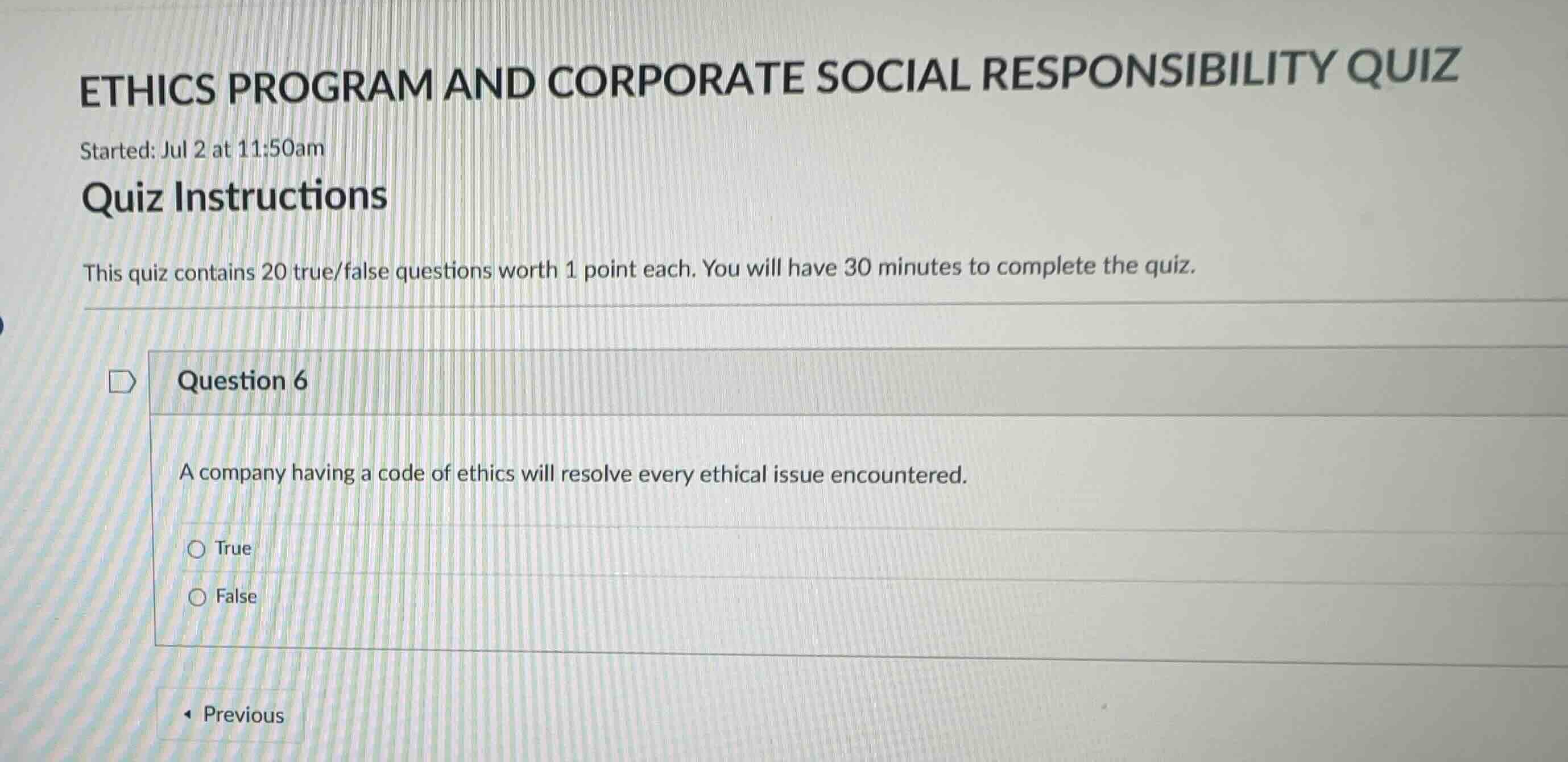 ethics program and corporate social responsibility quiz started: jul 2 …