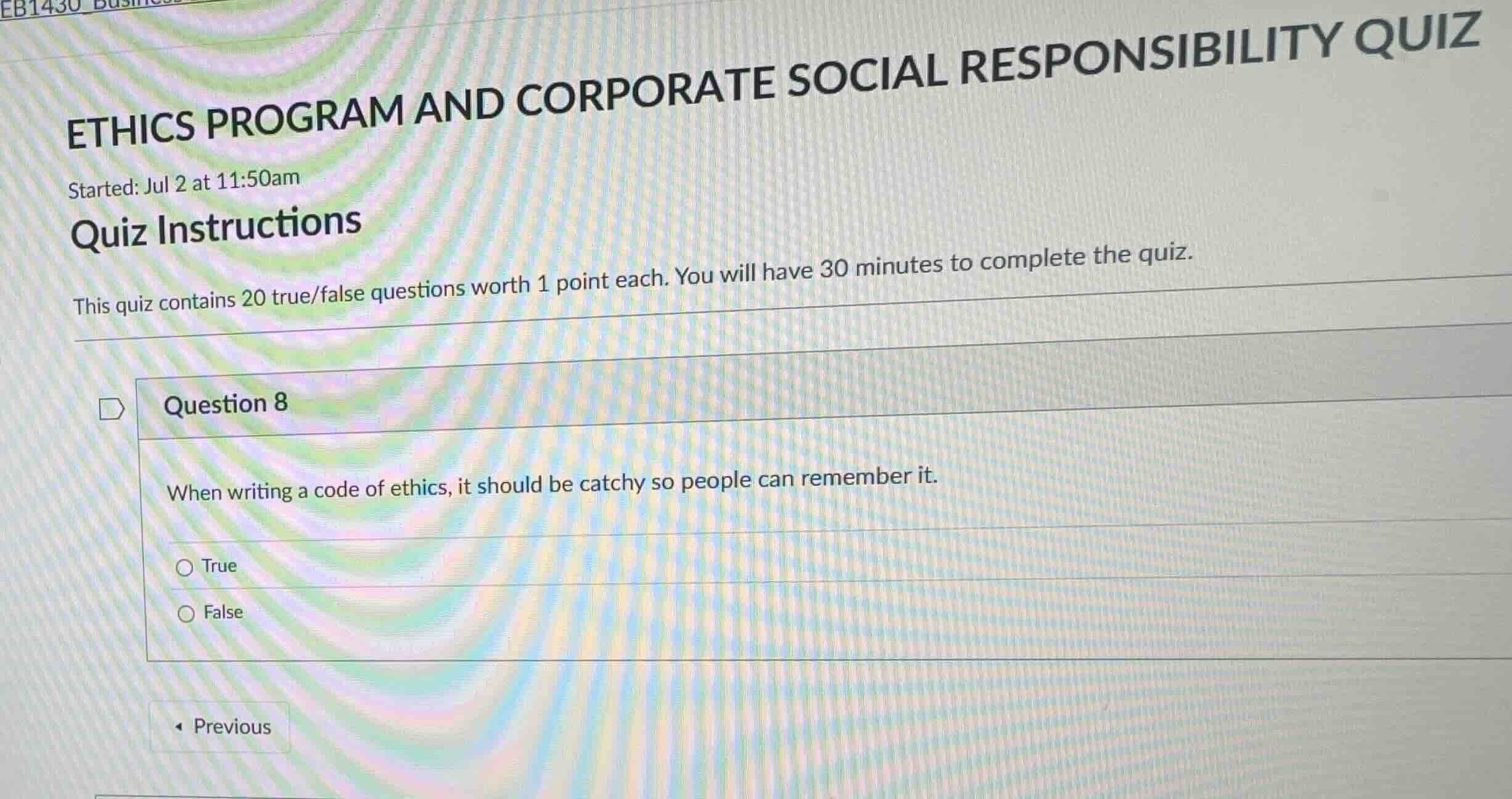 ethics program and corporate social responsibility quiz started: jul 2 …