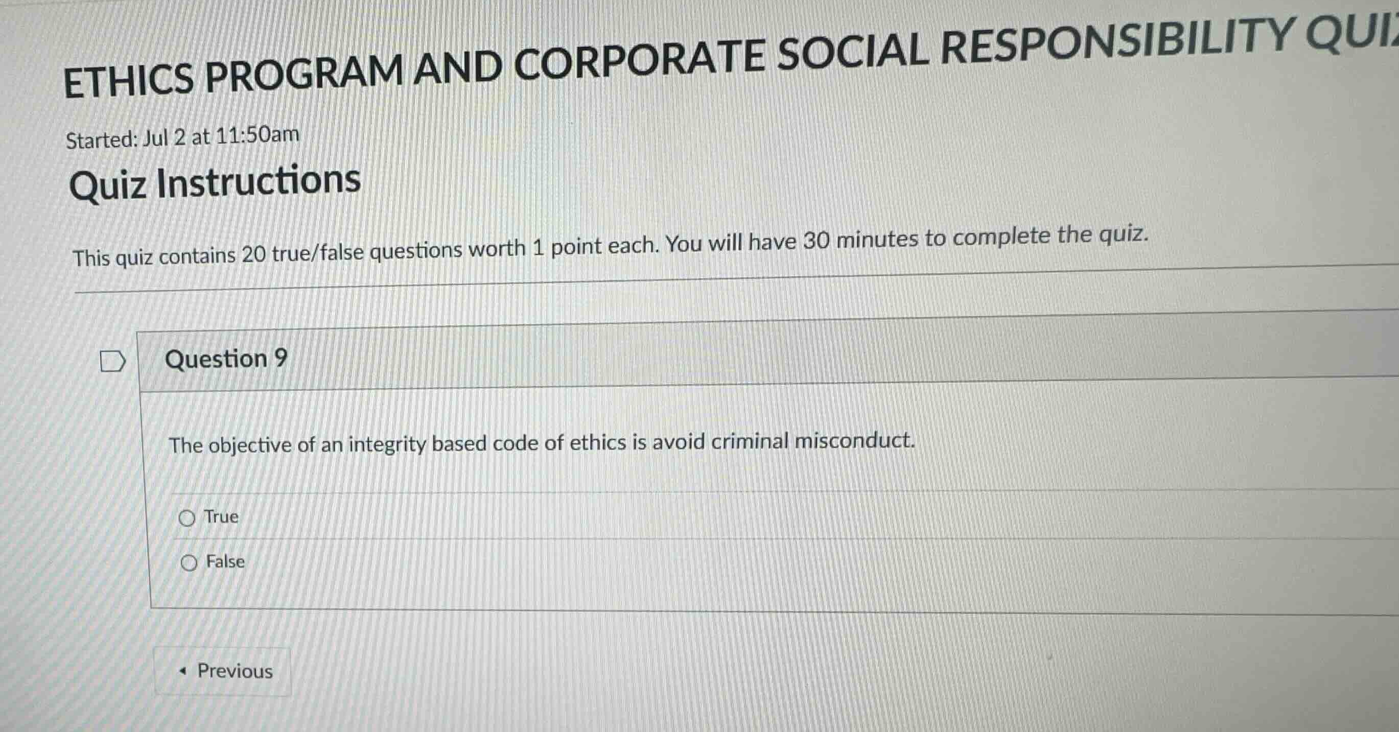 ethics program and corporate social responsibility quiz started: jul 2 …