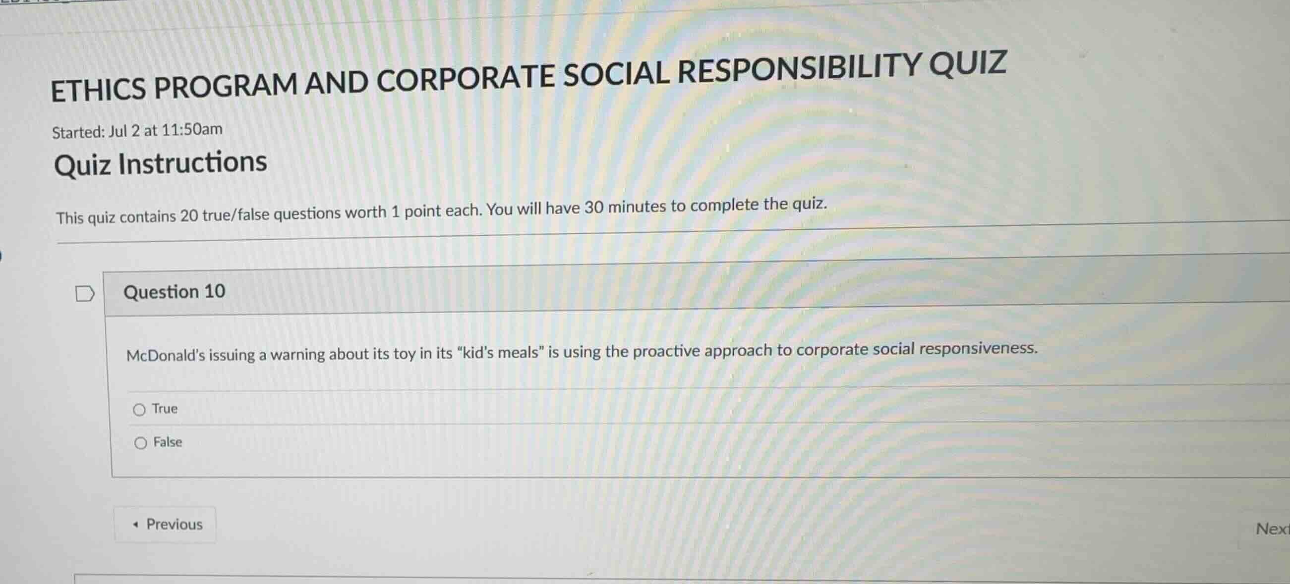 ethics program and corporate social responsibility quiz started: jul 2 …