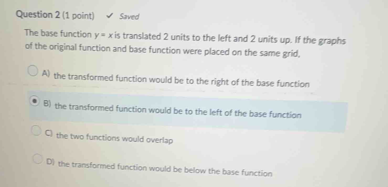 question 2 (1 point) saved the base function \\(y = x\\) is translated …