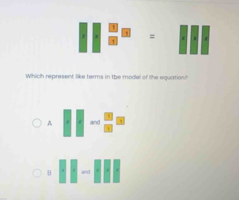 which represent like terms in the model of the equation? a: two green t…