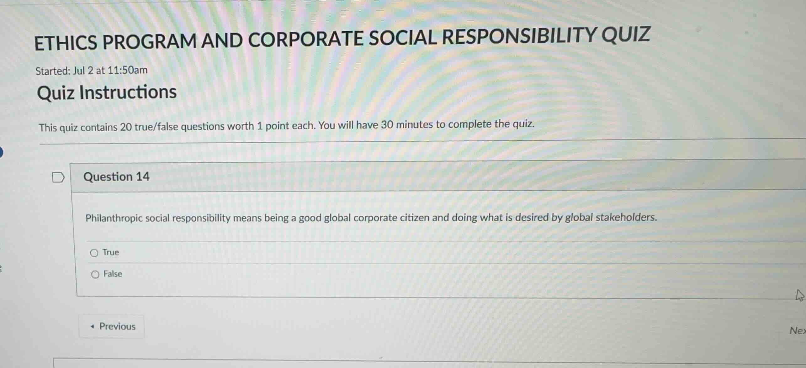 ethics program and corporate social responsibility quiz started: jul 2 …