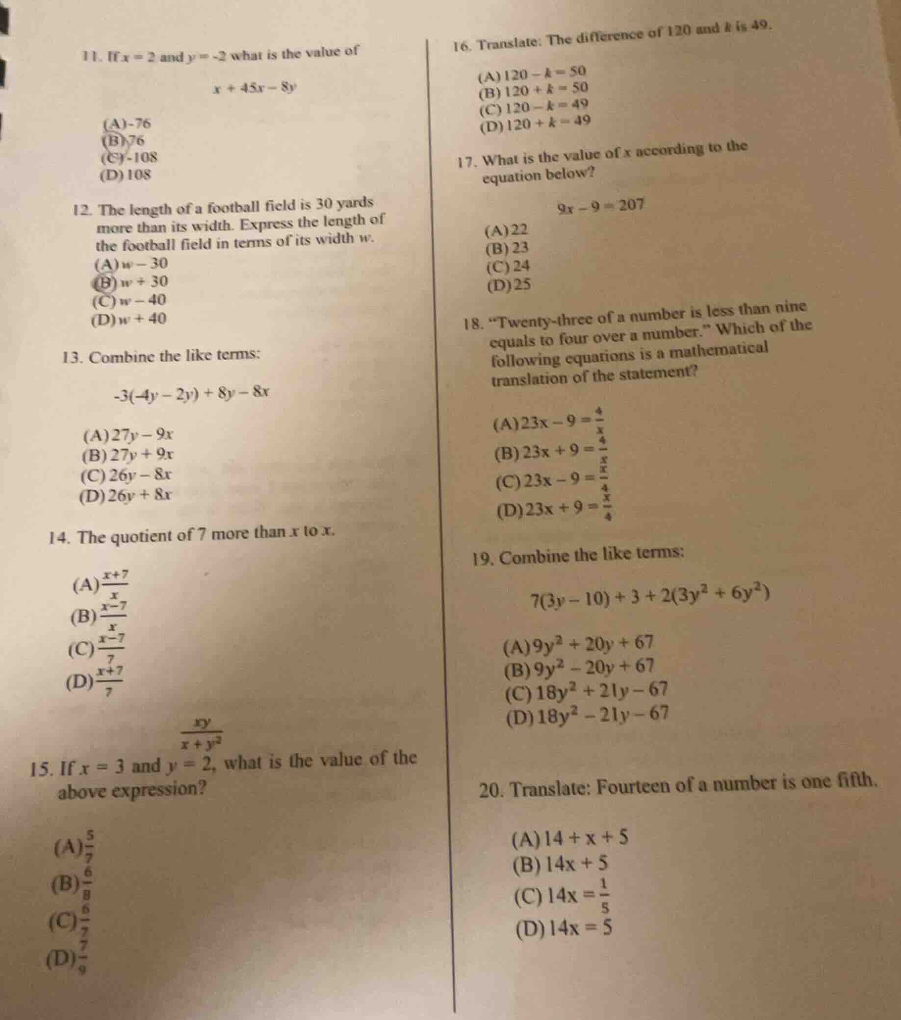 11. if \\(x = 2\\) and \\(y = -2\\) what is the value of \\x + 45x - 8y…