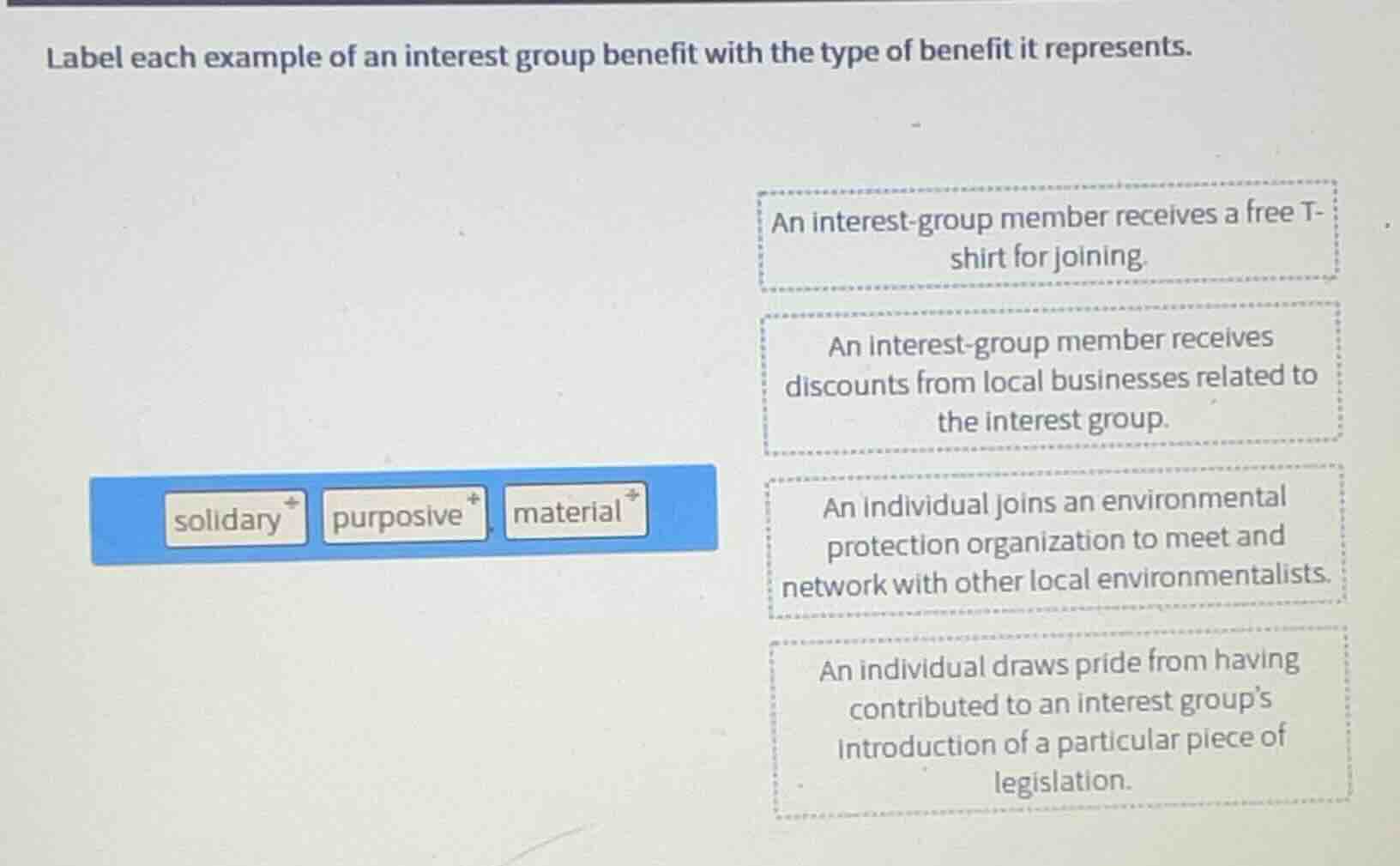 label each example of an interest group benefit with the type of benefi…