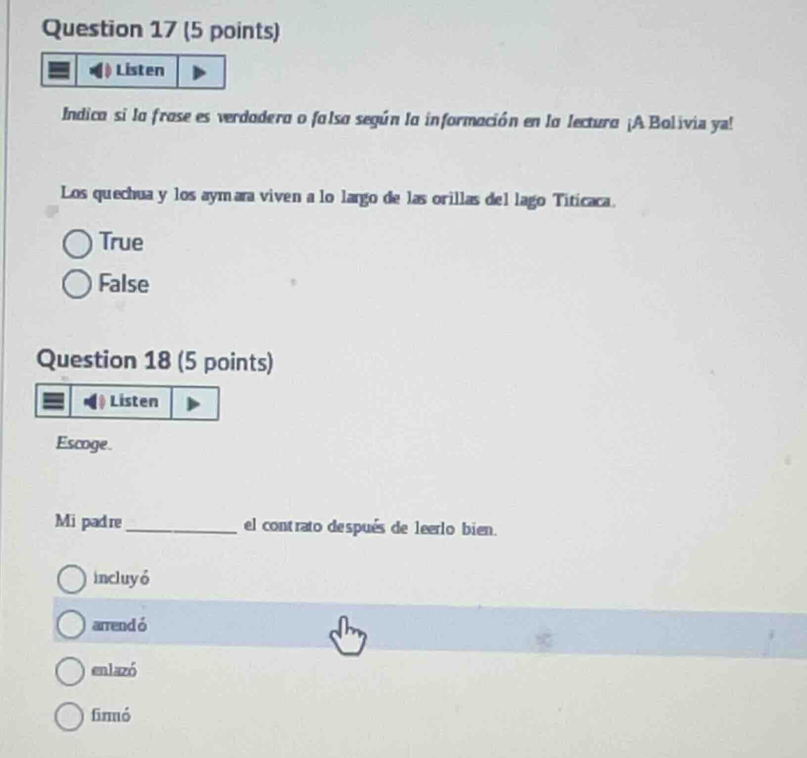 question 17 (5 points) indica si la frase es verdadera o falsa según la…