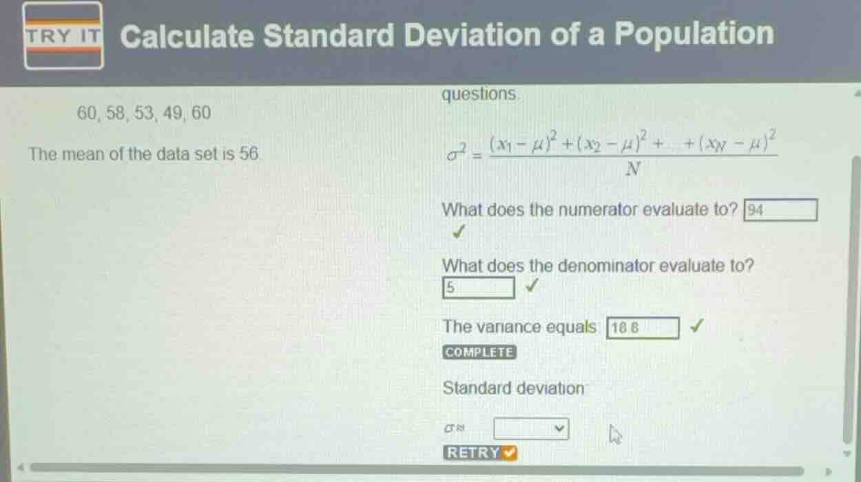 calculate standard deviation of a population 60, 58, 53, 49, 60 the mea…