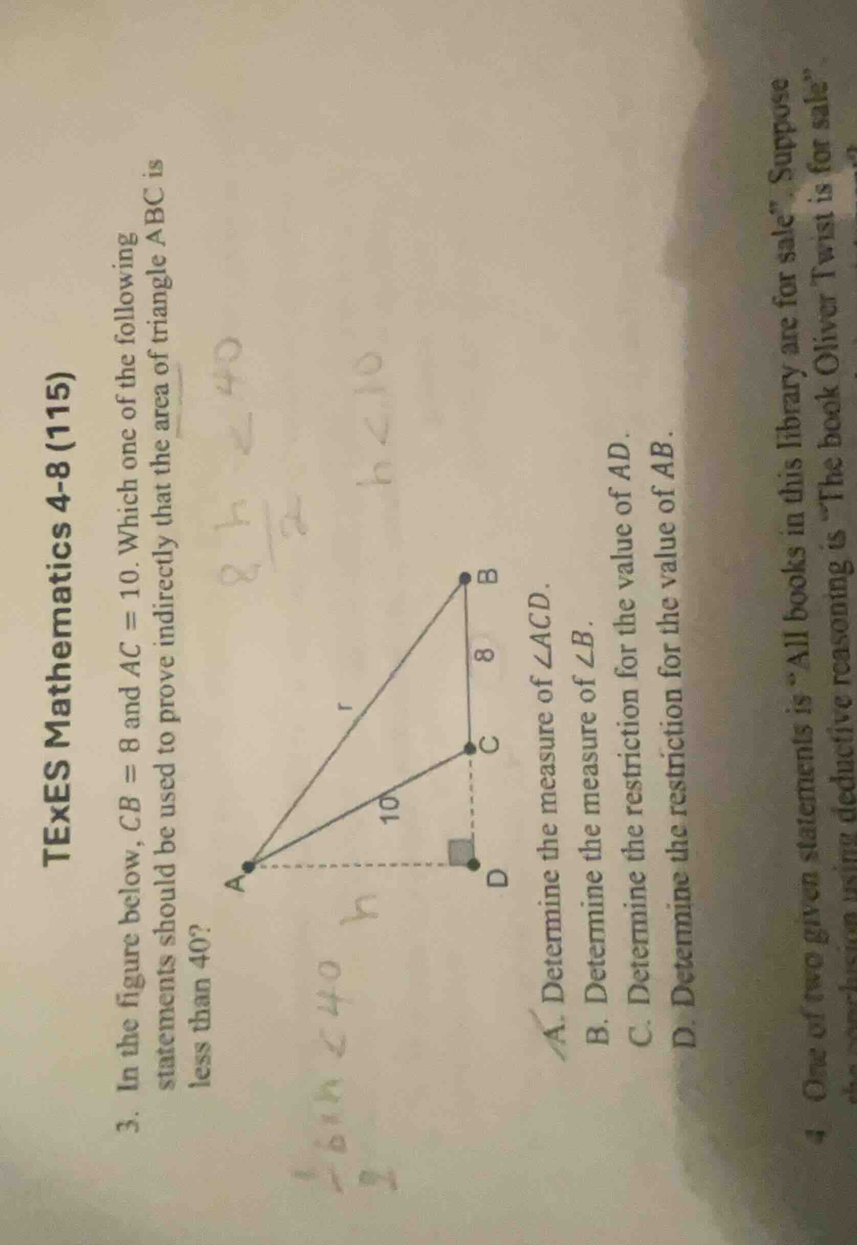 3. in the figure below, \\(cb = 8\\) and \\(ac = 10\\). which one of th…
