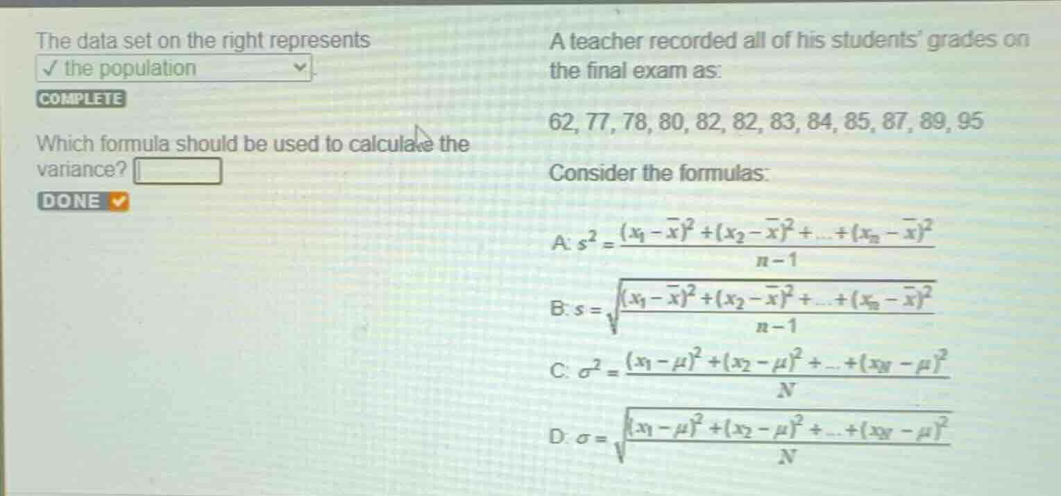 the data set on the right represents the population. which formula shou…
