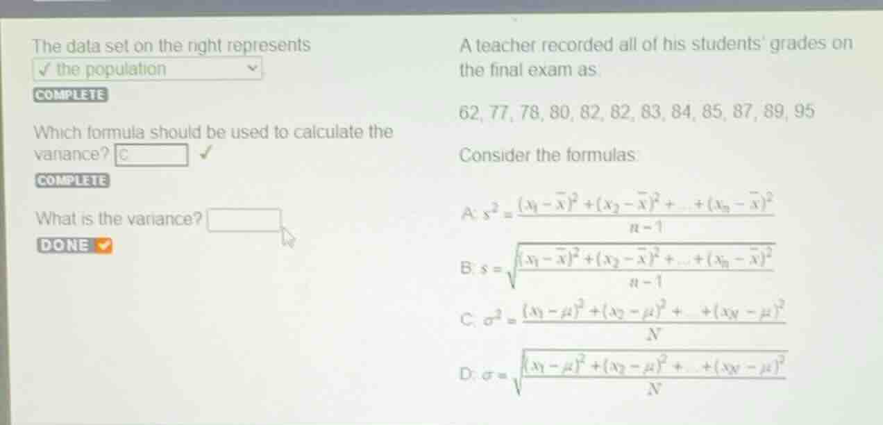the data set on the right represents the population. which formula shou…