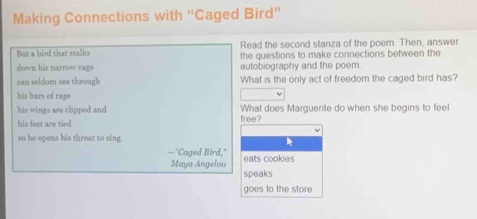 making connections with \caged bird\ but a bird that stalks down his na…