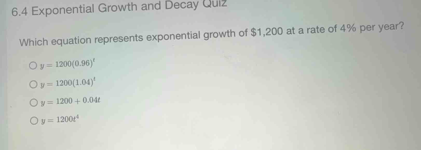 6.4 exponential growth and decay quiz which equation represents exponen…