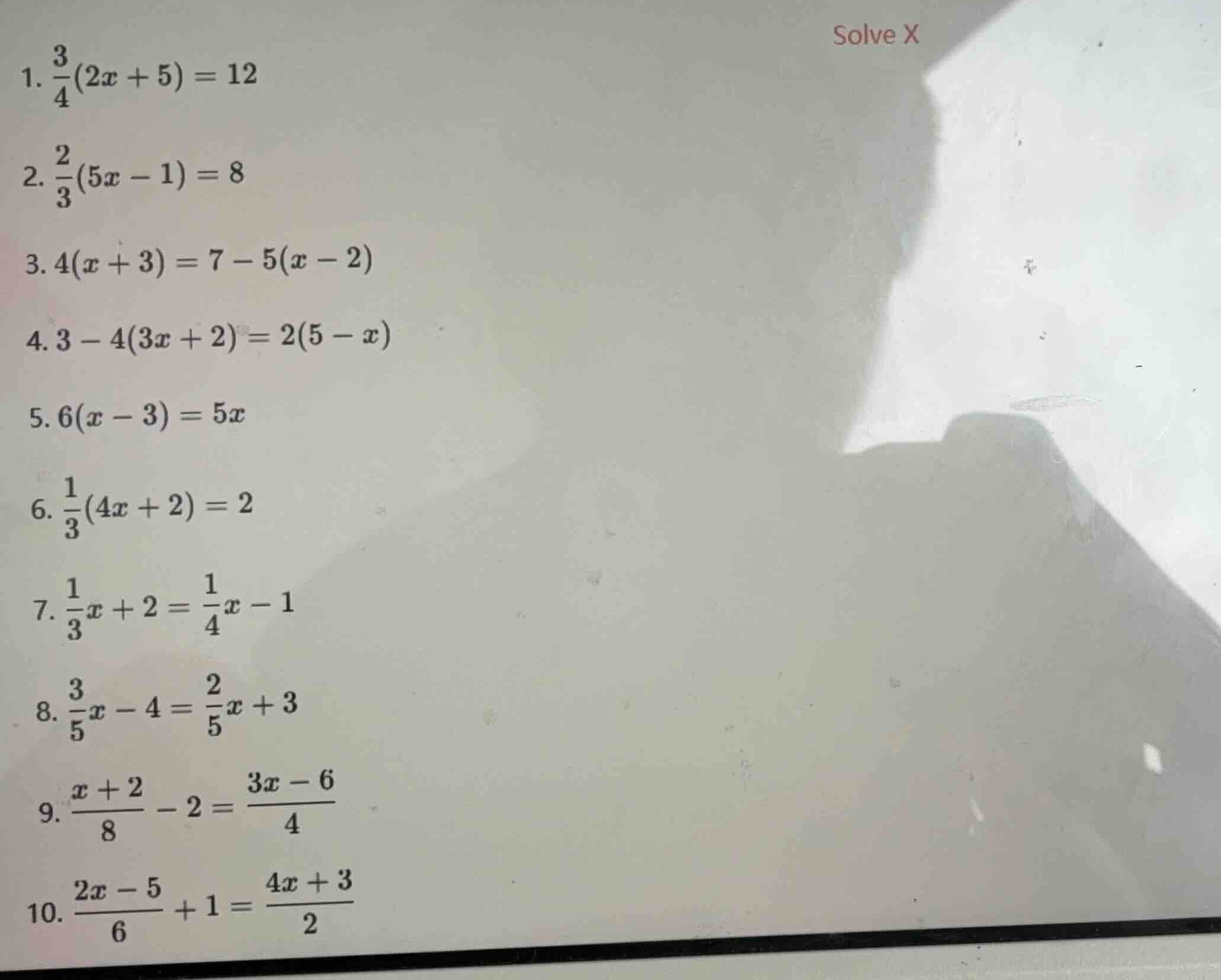 solve x 1. \\(\\frac{3}{4}(2x + 5) = 12\\) 2. \\(\\frac{2}{3}(5x - 1) =…