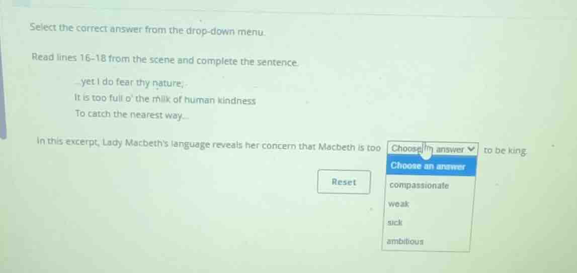 select the correct answer from the drop-down menu. read lines 16-18 fro…