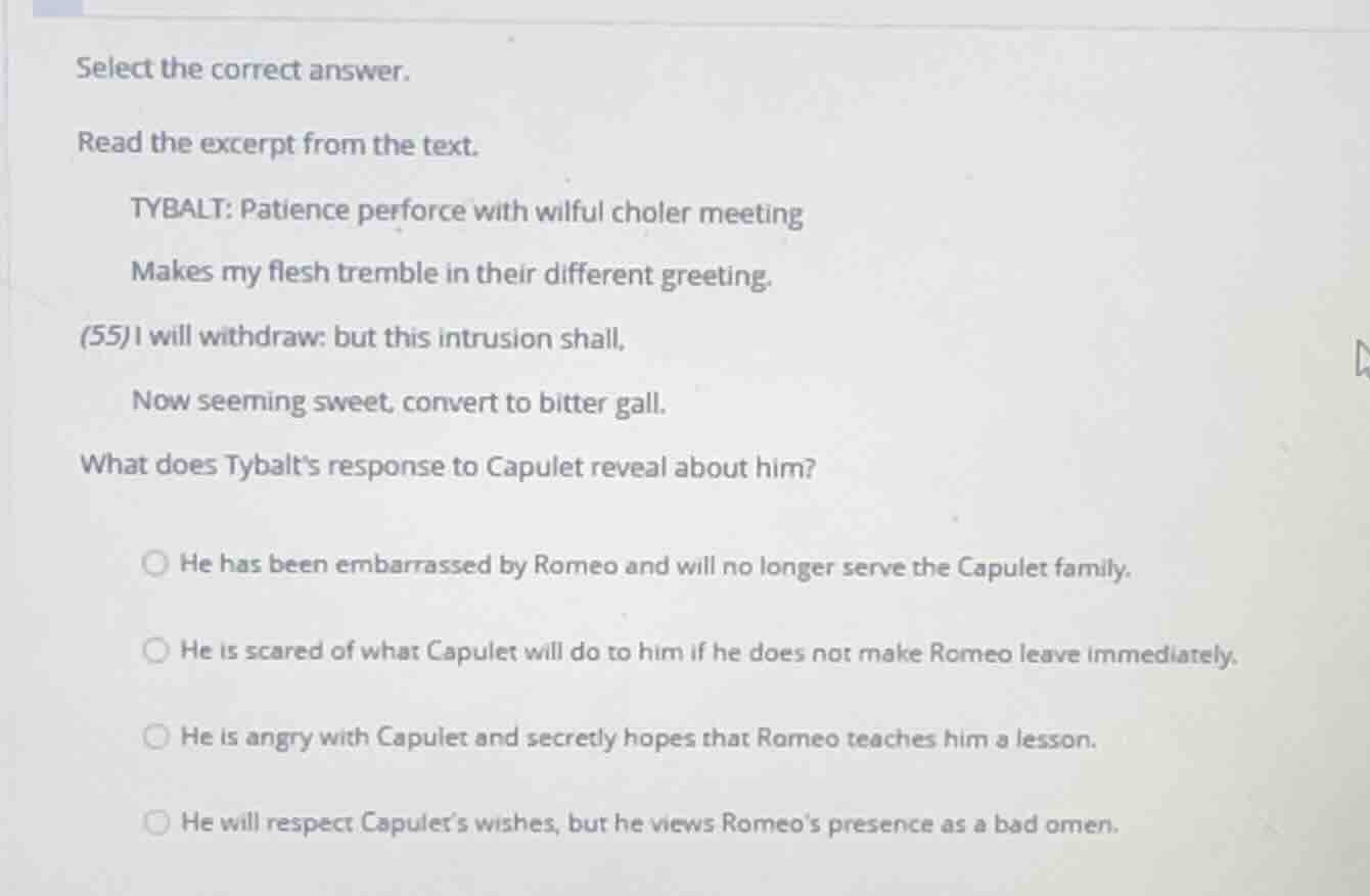 select the correct answer. read the excerpt from the text. tybalt: pati…