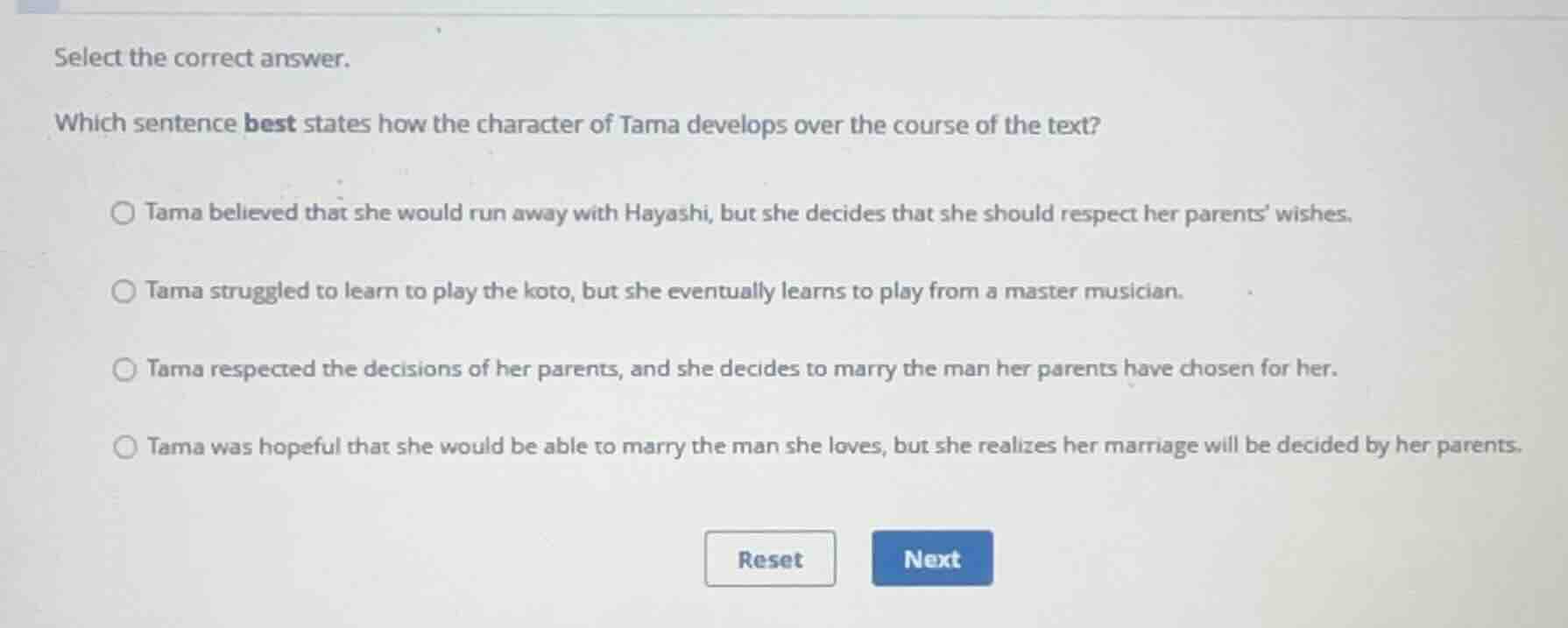 select the correct answer. which sentence best states how the character…