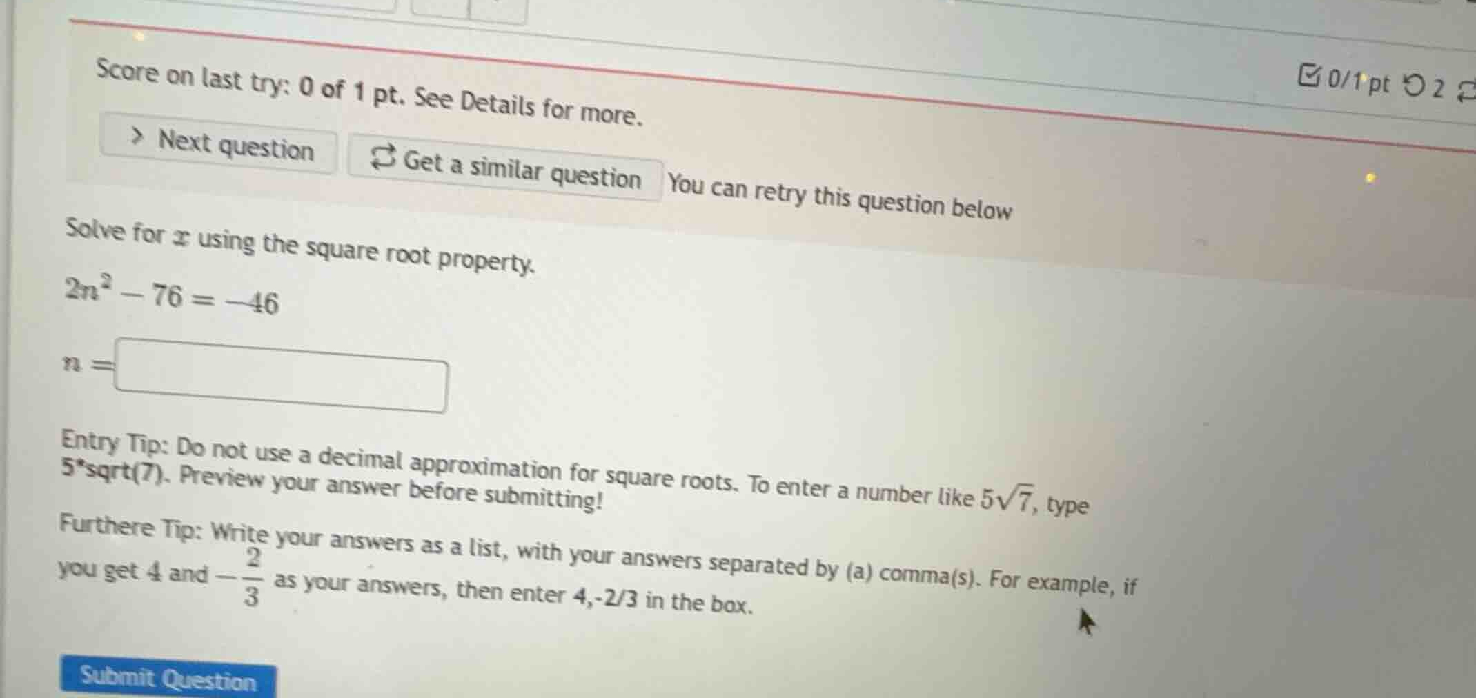 solve for \\(x\\) using the square root property. \\2n^2 - 76 = -46\\ \…