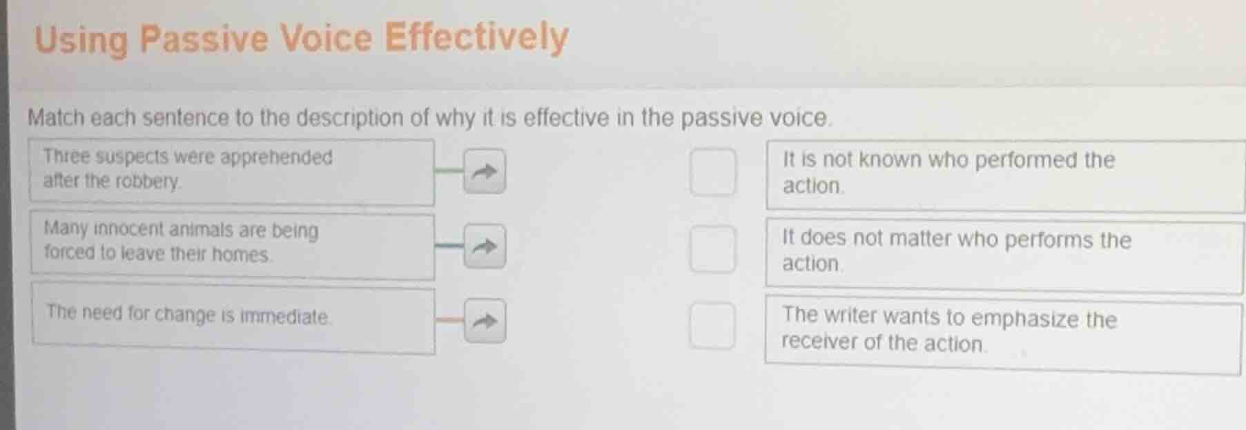 using passive voice effectively match each sentence to the description …