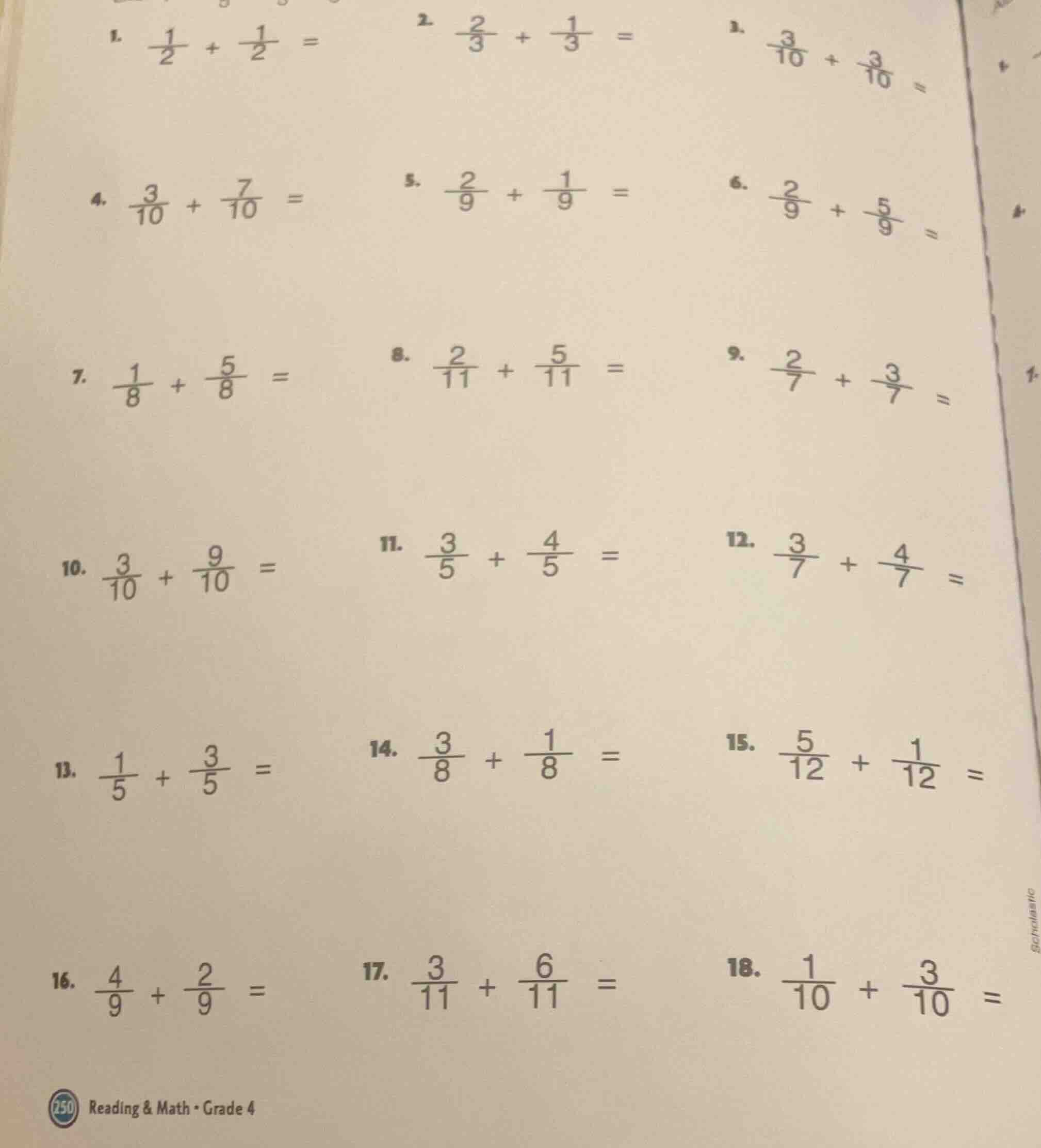 1. \\(\\frac{1}{2} + \\frac{1}{2} =\\) 2. \\(\\frac{2}{3} + \\frac{1}{3…