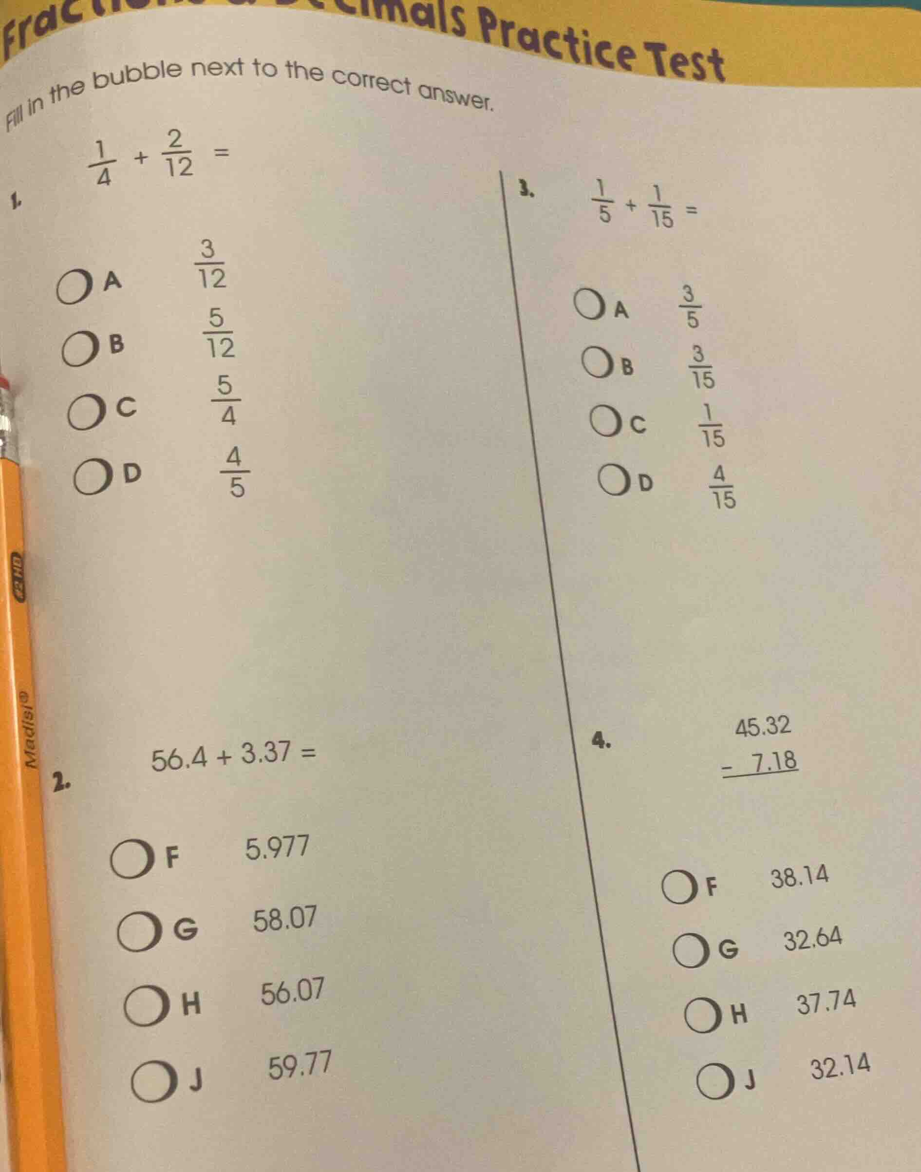 fractions & decimals practice test fill in the bubble next to the corre…