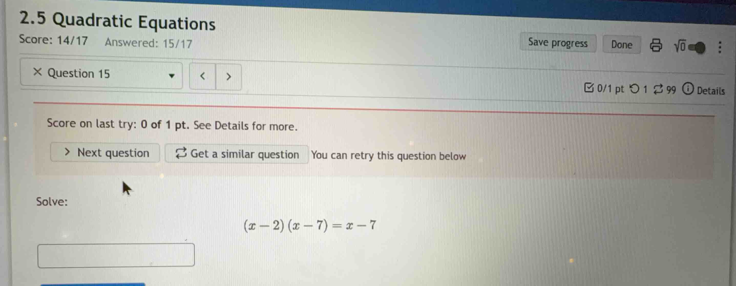 solve: \\(x-2)(x-7)=x-7\\
