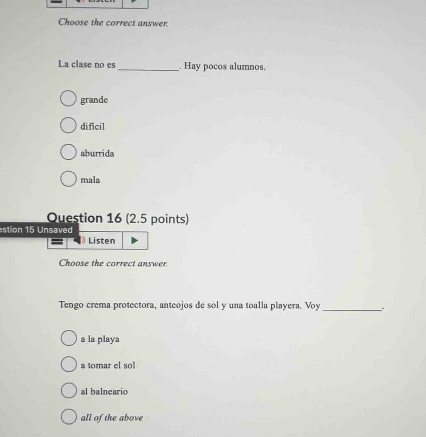 choose the correct answer. la clase no es ________. hay pocos alumnos. …