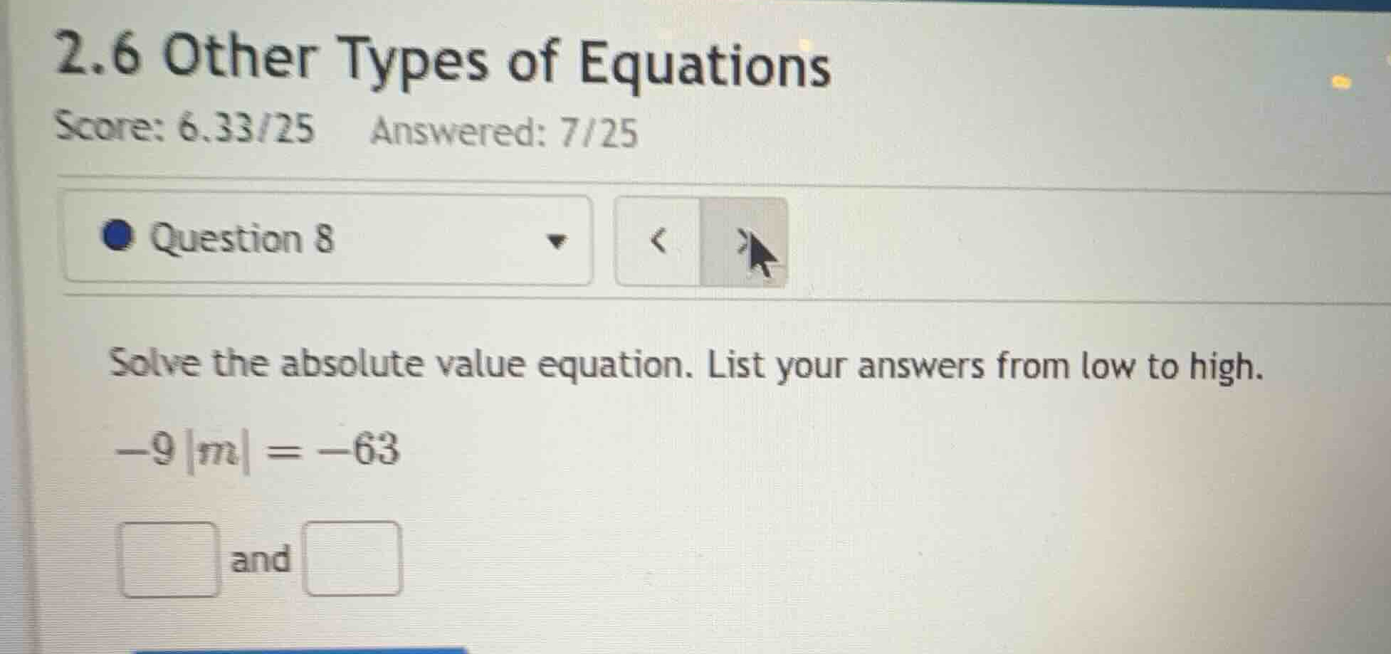 solve the absolute value equation. list your answers from low to high. …