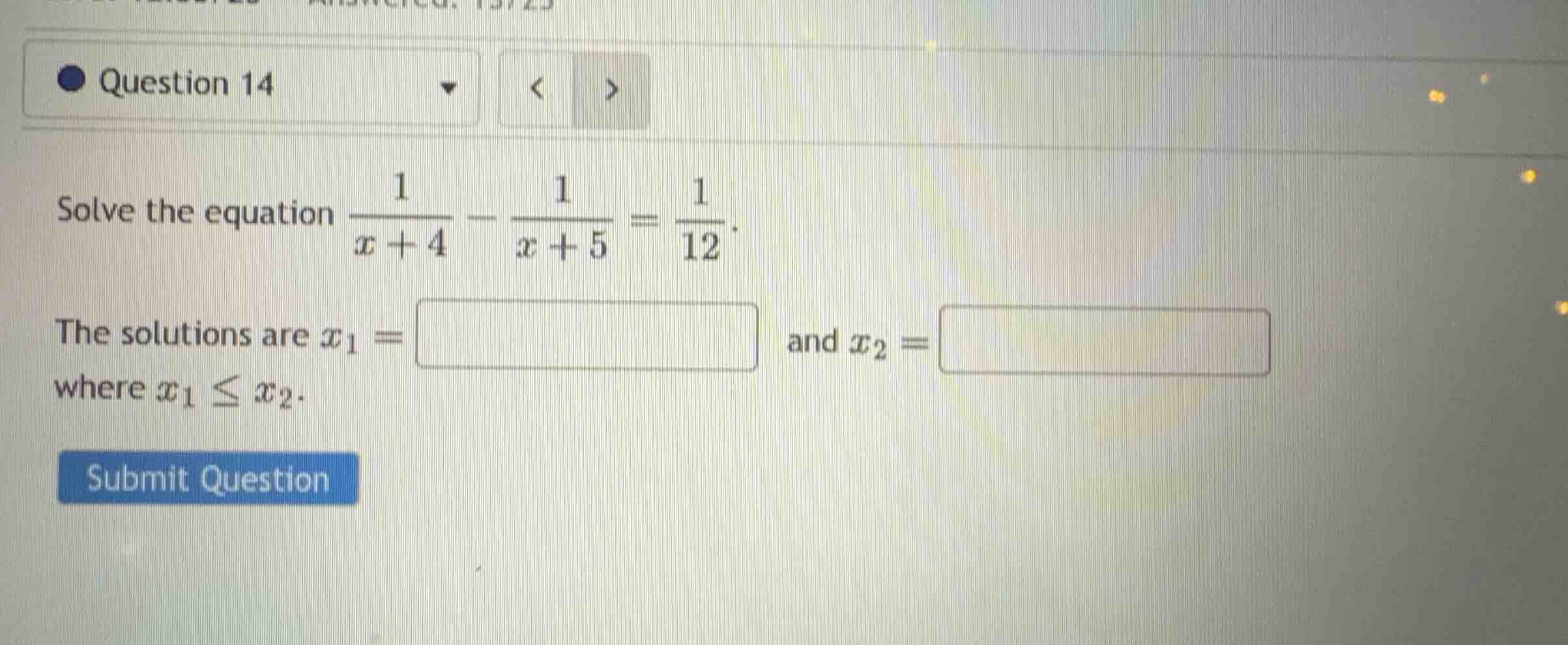 solve the equation \\(\\frac{1}{x + 4} - \\frac{1}{x + 5} = \\frac{1}{1…