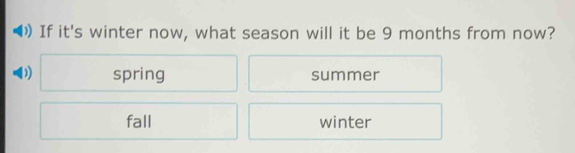 if its winter now, what season will it be 9 months from now? spring sum…