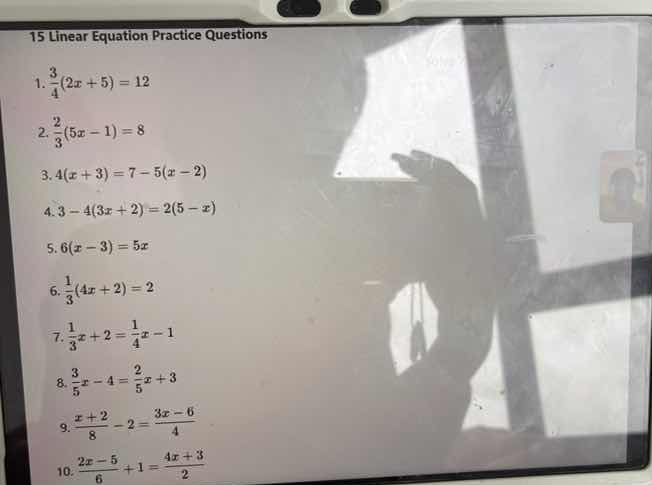 15 linear equation practice questions 1. \\(\\frac{3}{4}(2x + 5) = 12\\…