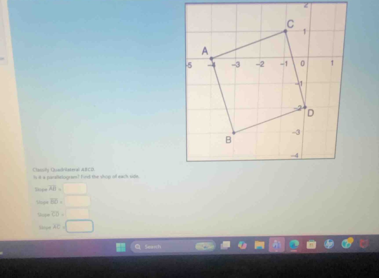 classify quadrilateral abcd. is it a parallelogram? find the slope of e…