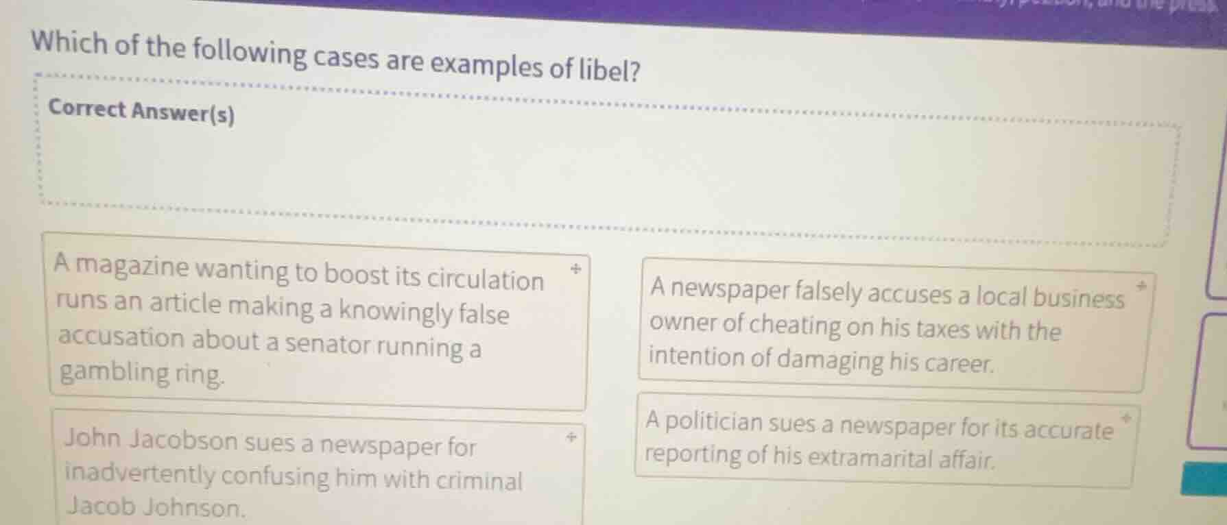 which of the following cases are examples of libel? correct answer(s) -…