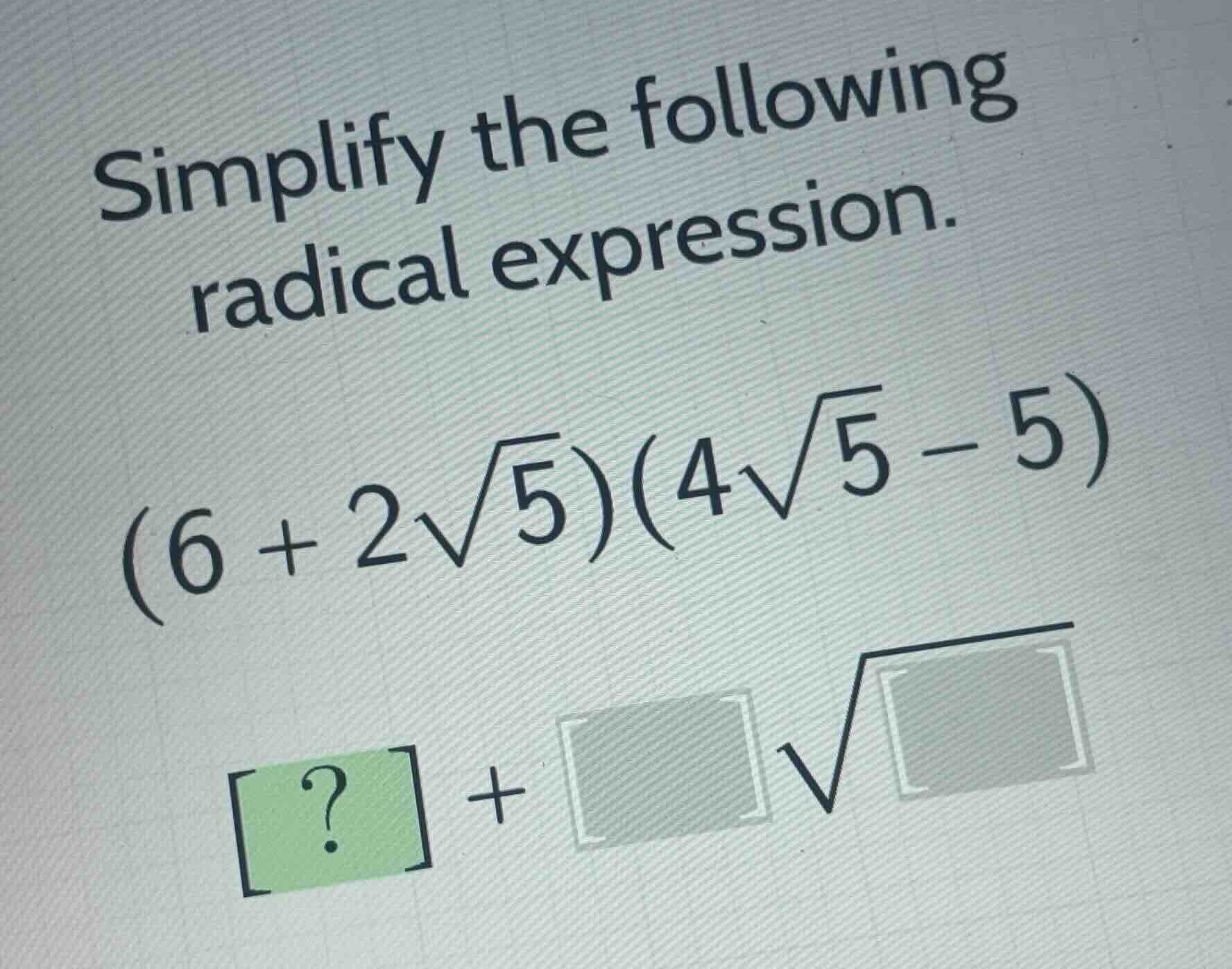 simplify the following radical expression. \\((6 + 2\\sqrt{5})(4\\sqrt{…