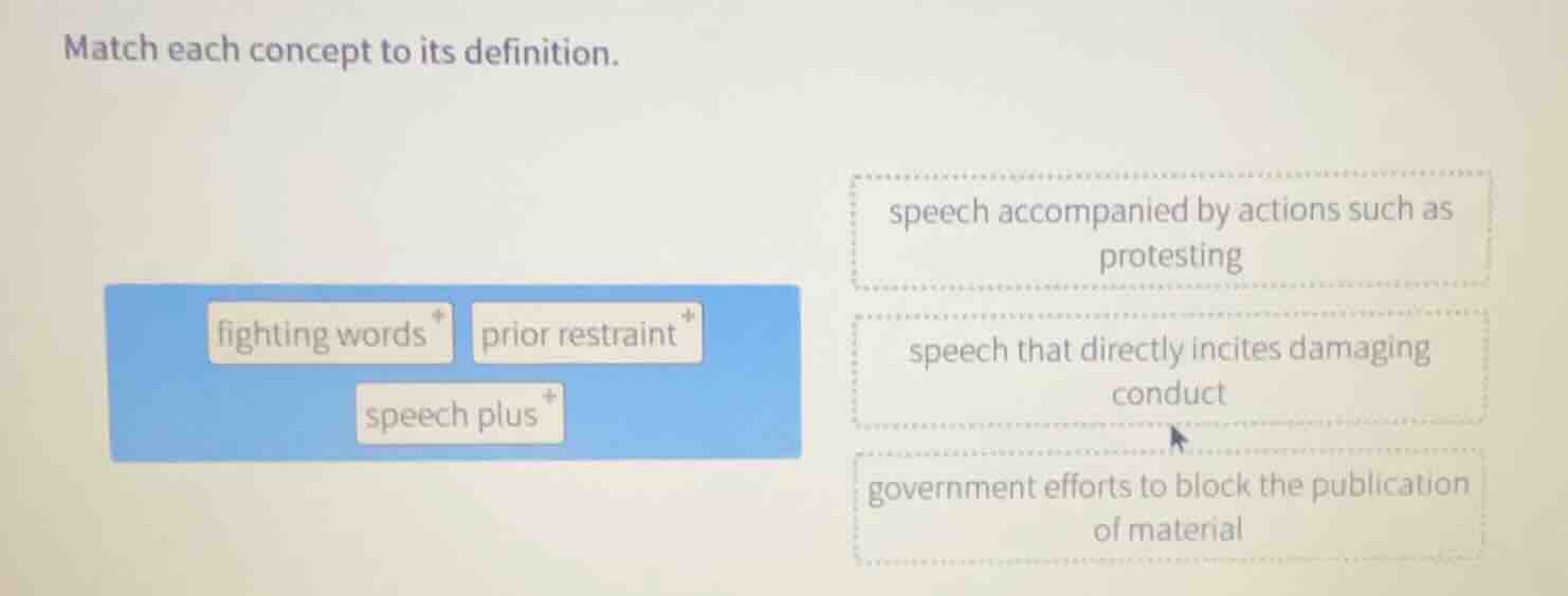 match each concept to its definition. fighting words prior restraint sp…