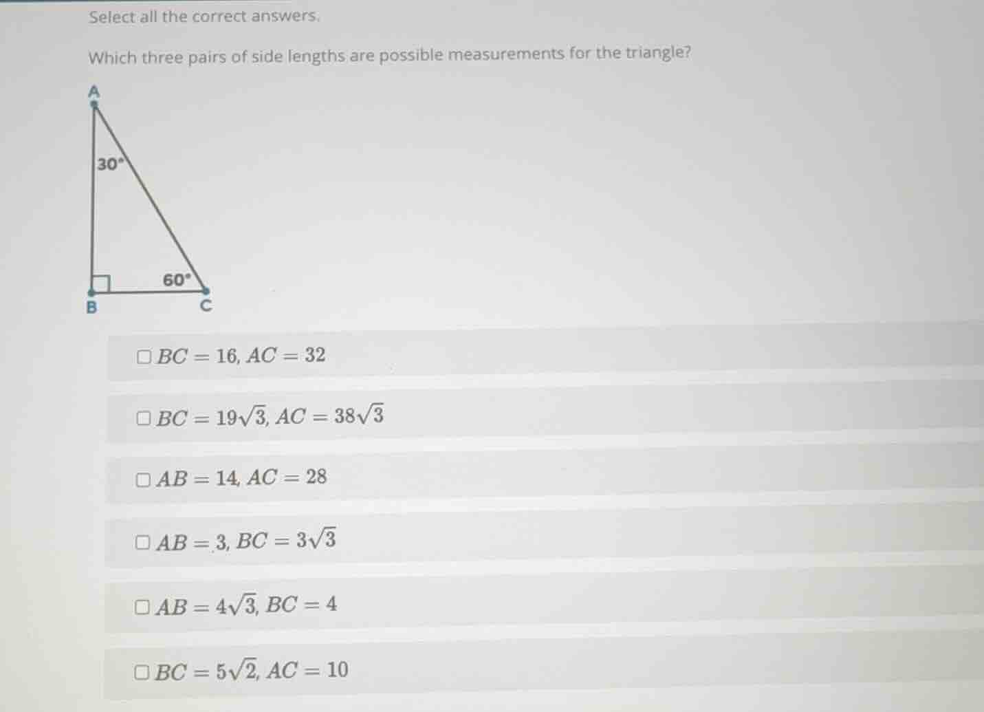 select all the correct answers. which three pairs of side lengths are p…