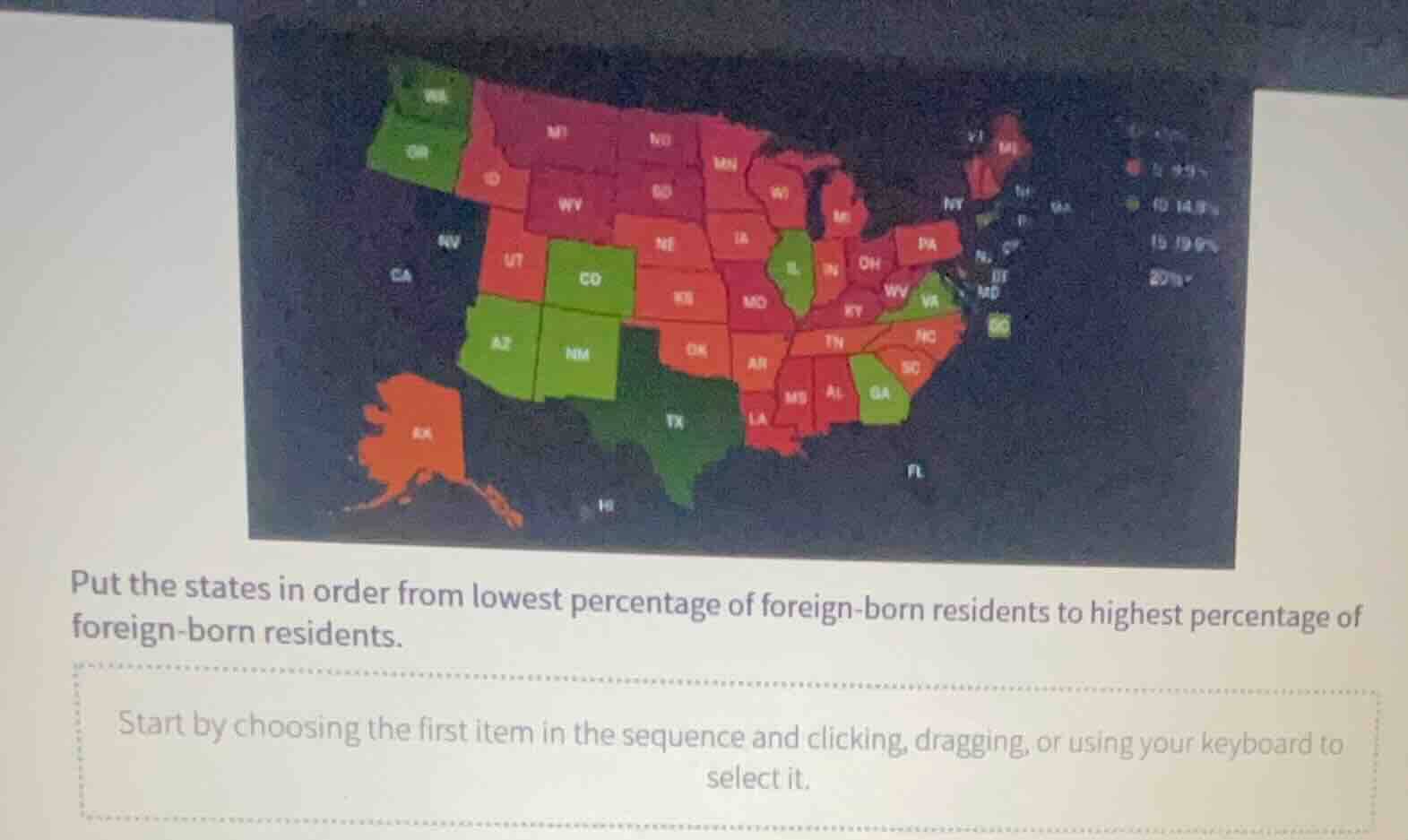 put the states in order from lowest percentage of foreign-born resident…